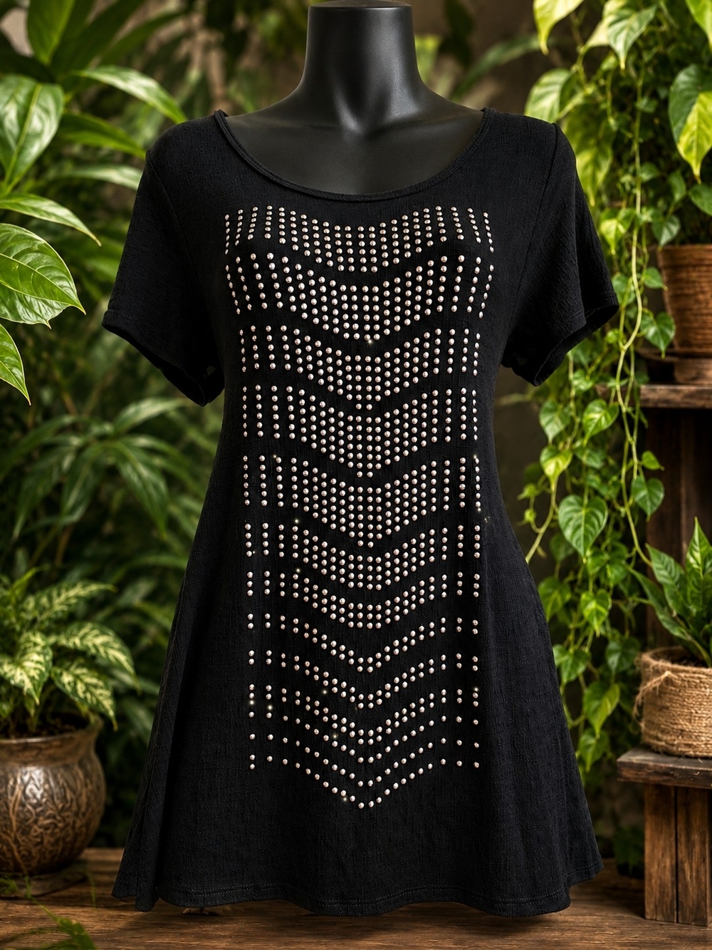 Vocal Black Studded Short Sleeve Tunic Top